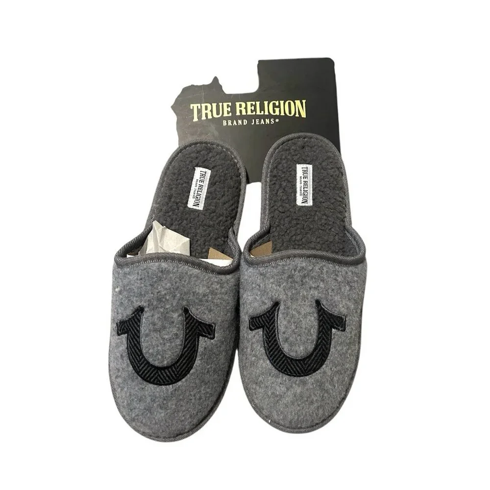 True Religion Grey Logo Slip On Casual Comfortable Slippers Men Size Small 7/8